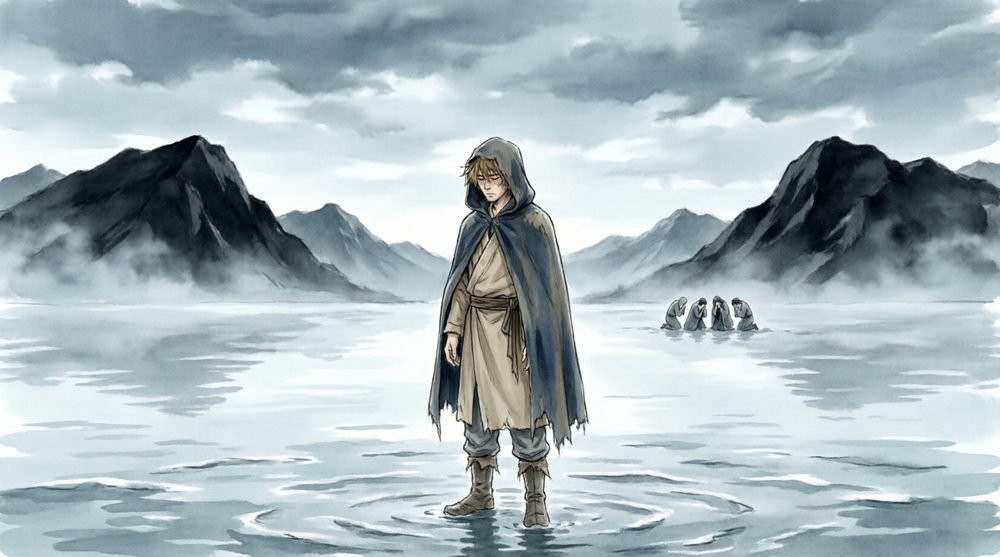 霧の中の湖にひとり立つ人影