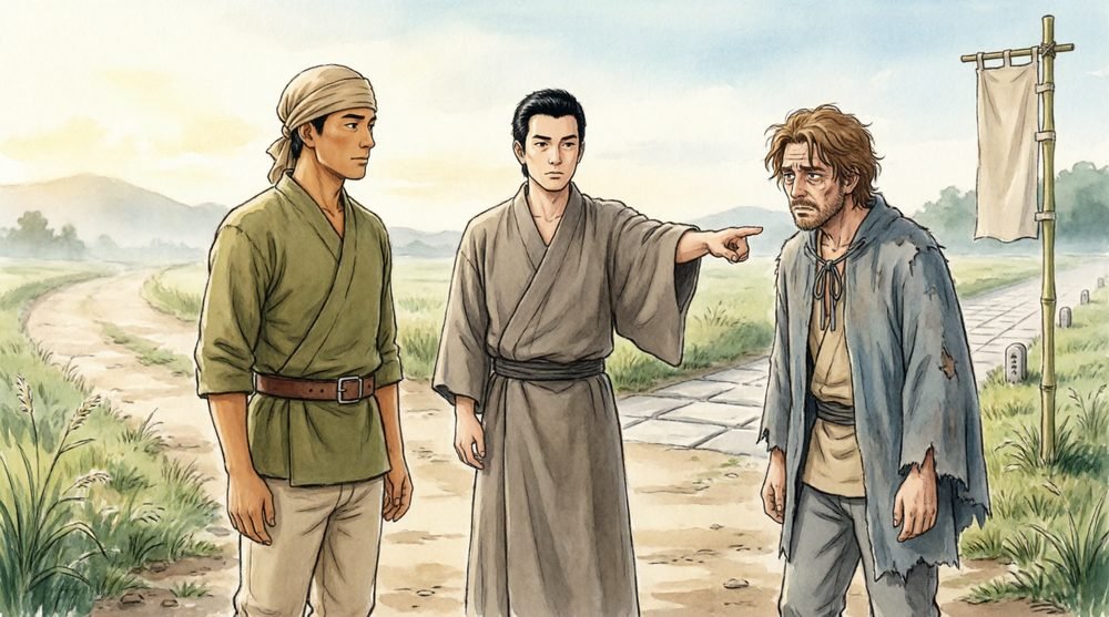 分岐点で道を説明する人