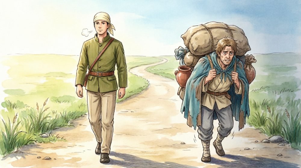 重い荷を背負い歩む兵士