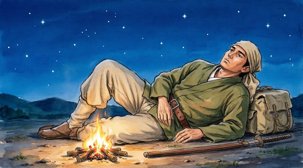 焚き火のそばで安らかに眠る兵士