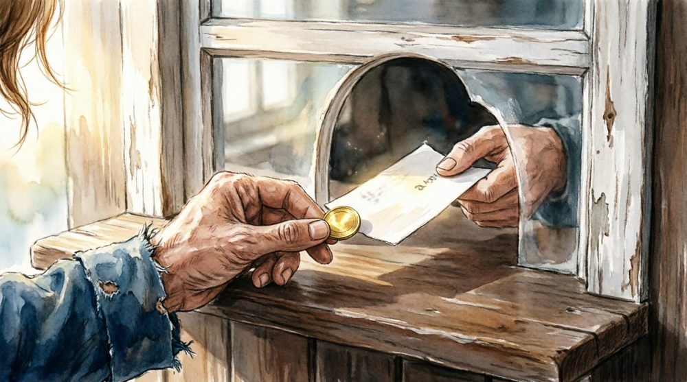 窓口で切符と金貨を交わす手