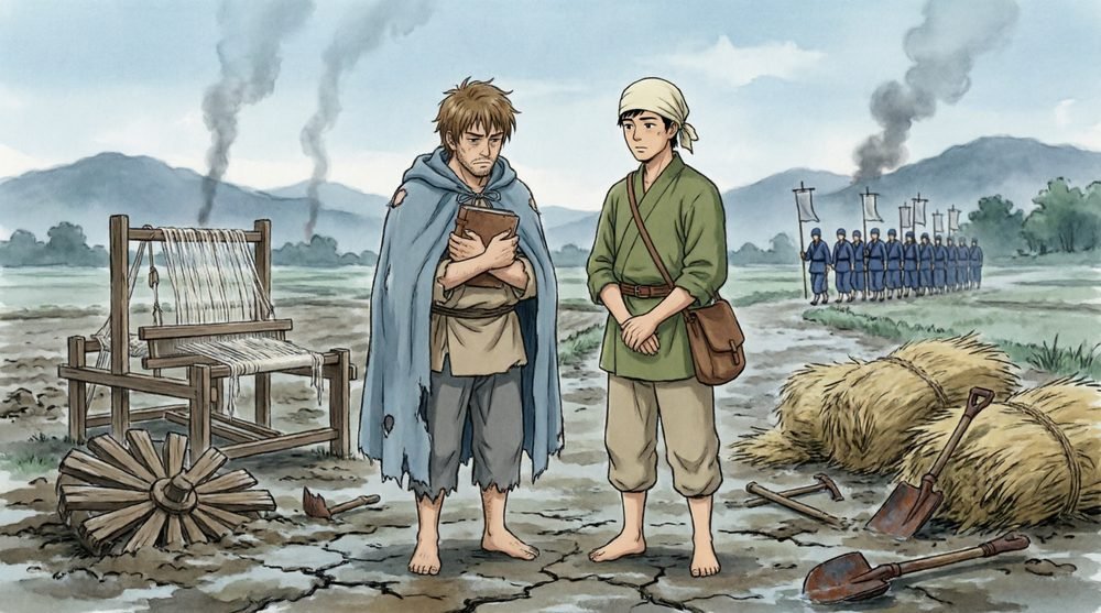 戦火に荒れる農場を見る二人
