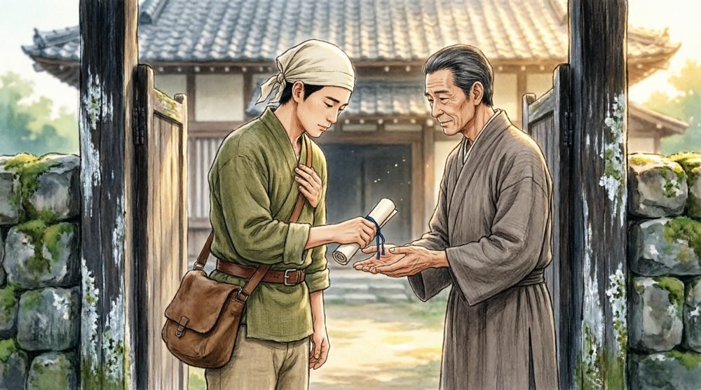 信託の証を差し出す若者と役人