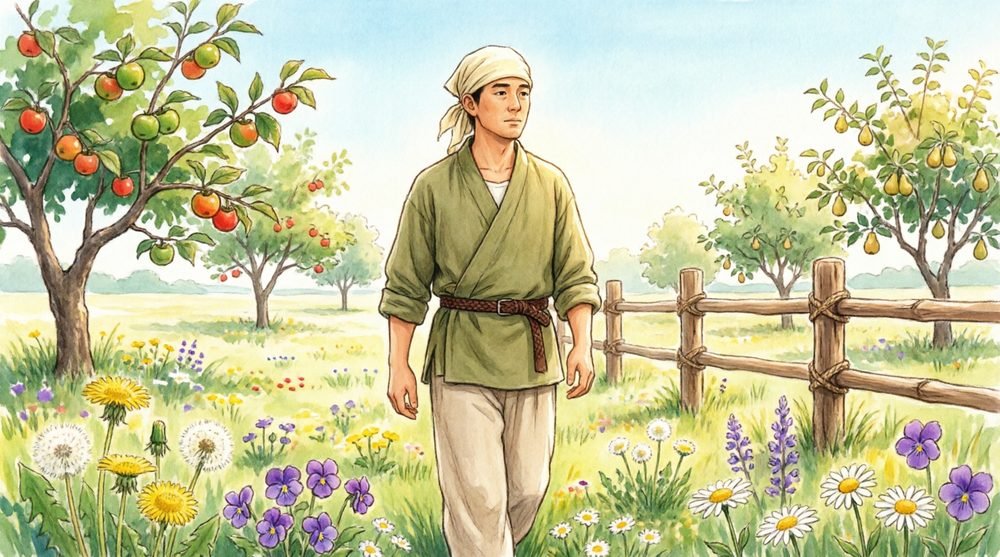 花咲く果樹園に立つ若者