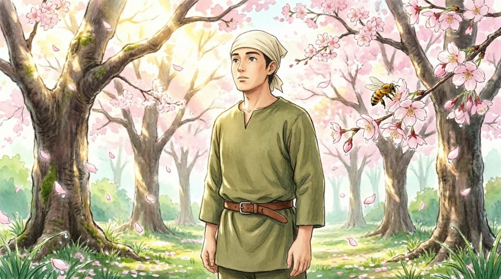 桜咲く庭で蜂を見つめる若者
