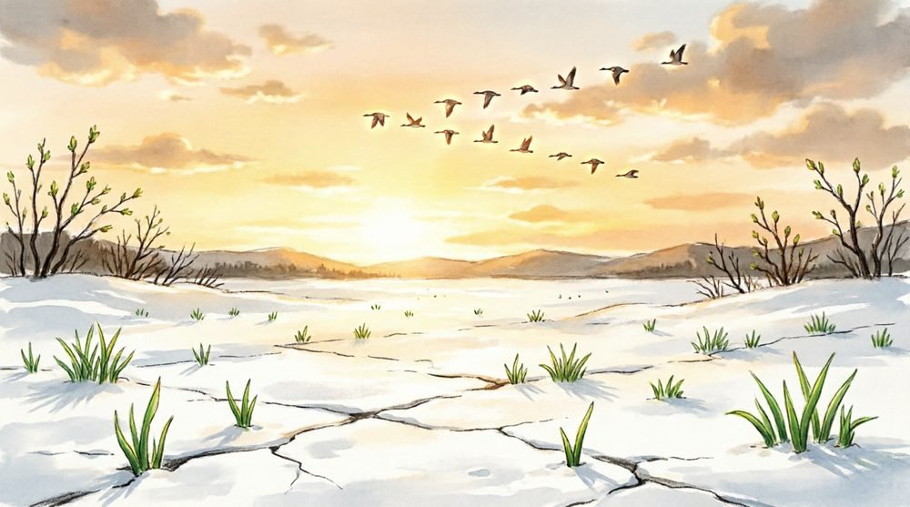 雪原の上を渡る雁の群れと夕焼け